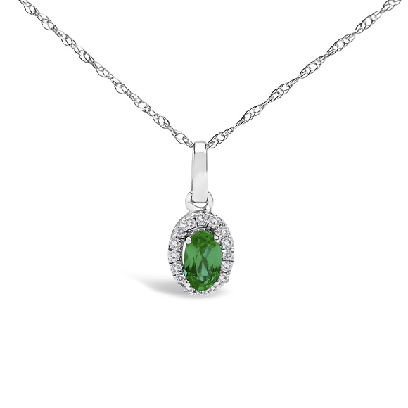 10K White Gold 5x3mm Green Emerald and Diamond Accent Halo Oval Shape 18
